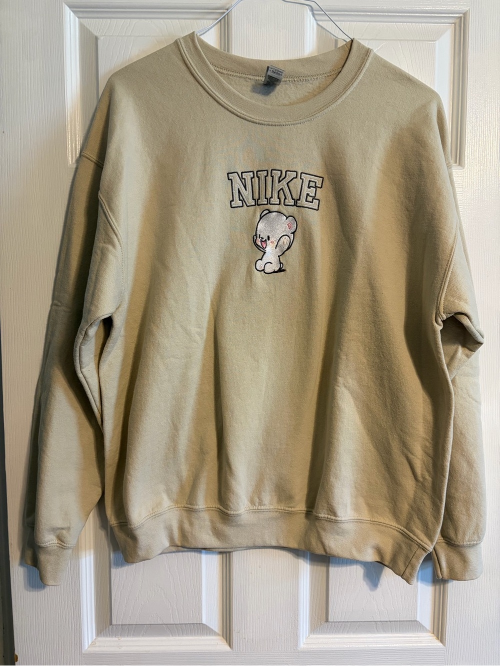 Gildan Nike Inspired Doodle Bear Embroidered Crewneck Sweatshirt Beige Large